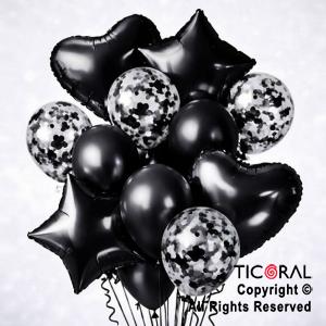 SET DE GLOBOS METALIZADOS ESTRELLA CORAZON CONFETI Y LATEX NEGRO X 14 UNIDADES